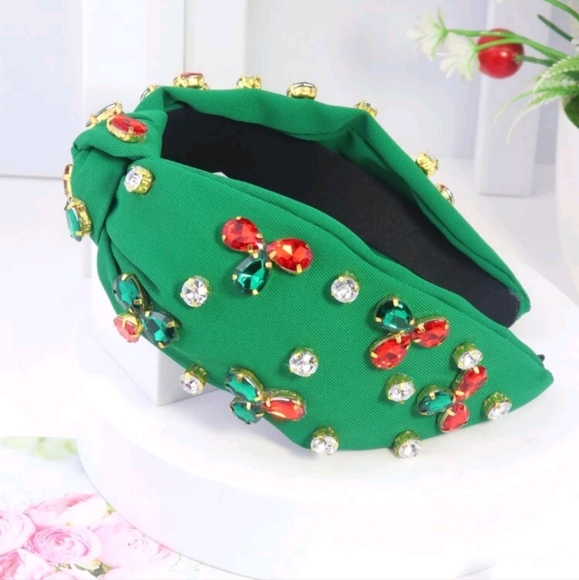 Green headband with knot design with stones - Picture 2 of 4